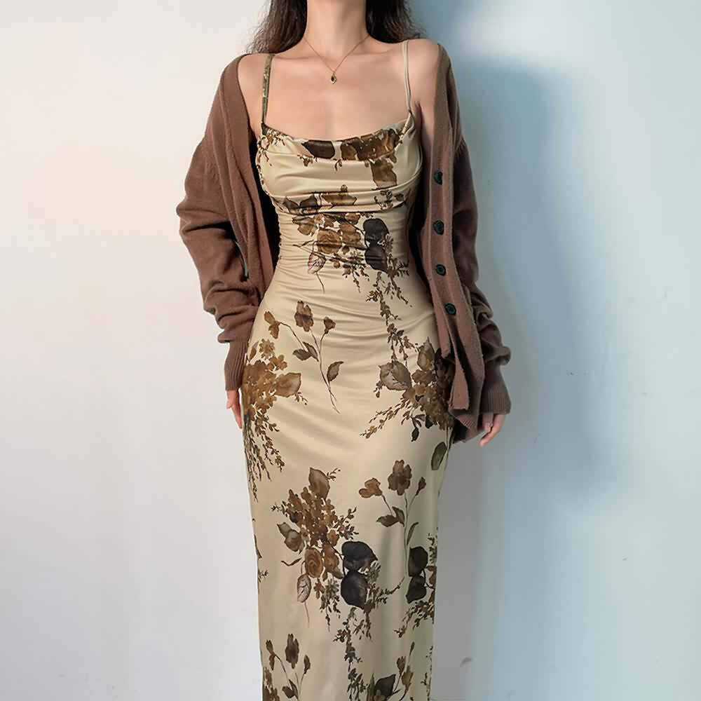 Vintage Floral Cami Midi Dress - Y2K Summer, 90s Fashion, Grunge, Retro, Pastel Goth Outfits