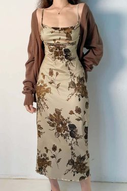 Vintage Floral Cami Midi Dress - Y2K Summer, 90s Fashion, Grunge, Retro, Pastel Goth Outfits