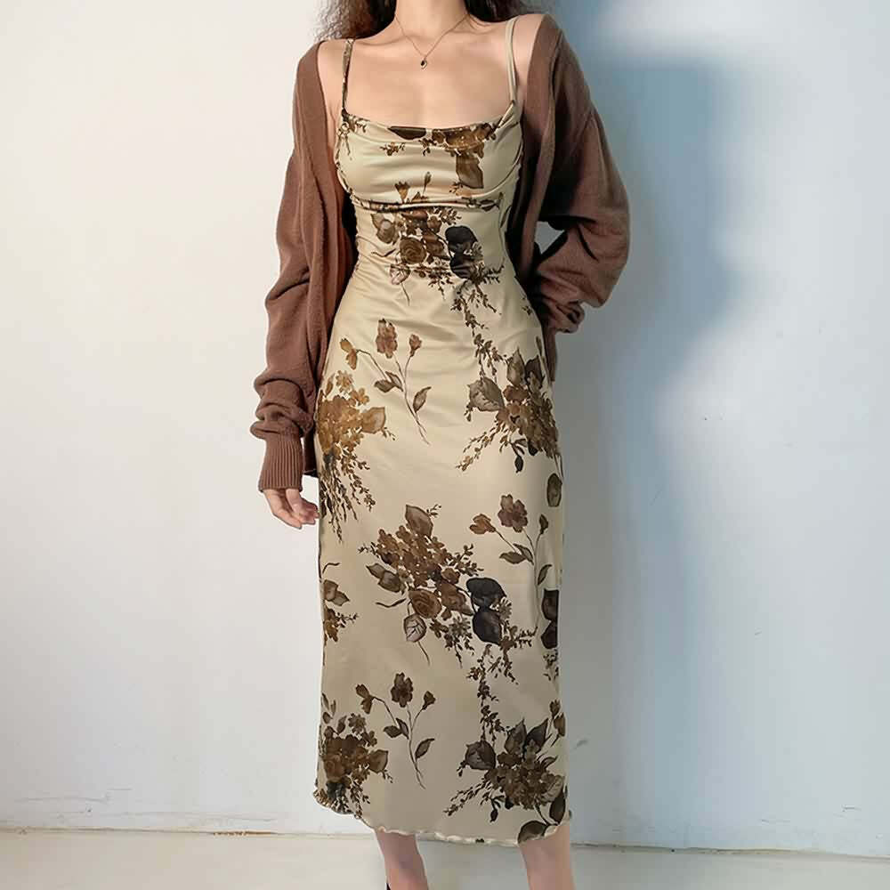 Vintage Floral Cami Midi Dress - Y2K Summer, 90s Fashion, Grunge, Retro, Pastel Goth Outfits