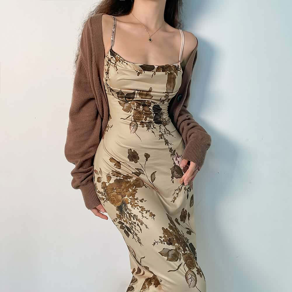 Vintage Floral Cami Midi Dress - Y2K Summer, 90s Fashion, Grunge, Retro, Pastel Goth Outfits