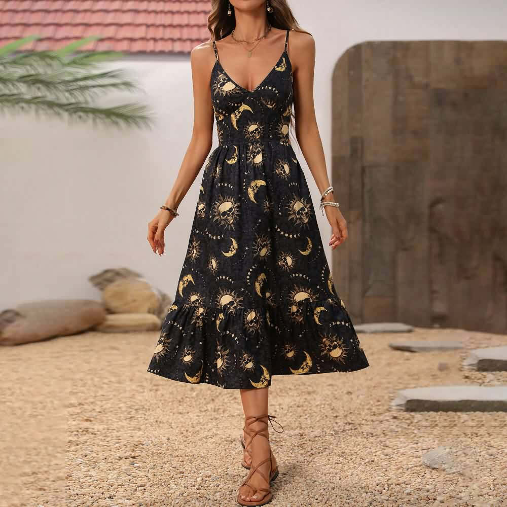 Vintage Gothic Skull Cami Dress - Y2K Grunge, 90s Fashion, Retro Summer Outfit