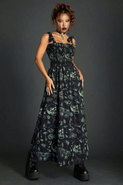 Vintage Gothic Skull Shirred Maxi Dress - Y2K Grunge, 90s Fashion, Retro Summer Outfit