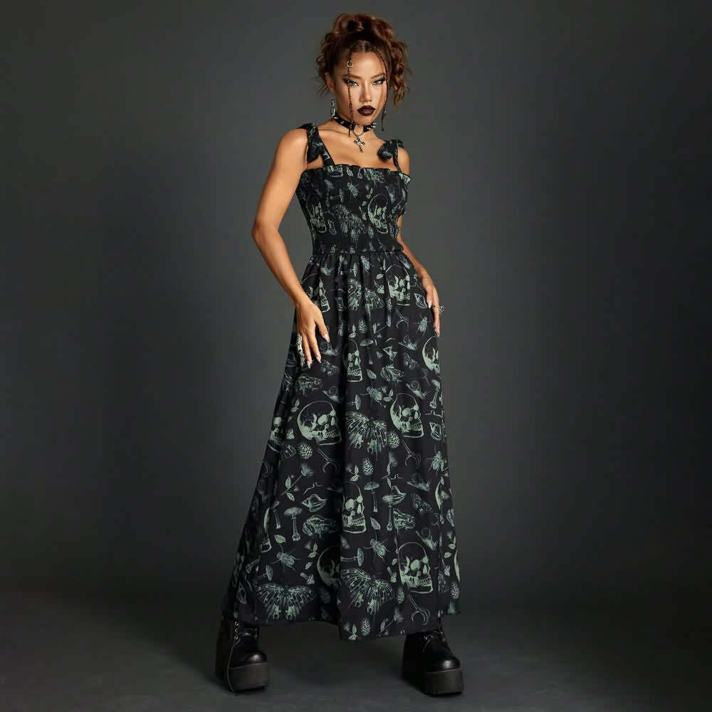 Vintage Gothic Skull Shirred Maxi Dress - Y2K Grunge, 90s Fashion, Retro Summer Outfit