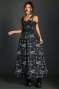 Vintage Gothic Skull Shirred Maxi Dress - Y2K Grunge, 90s Fashion, Retro Summer Outfit