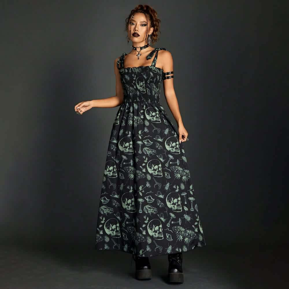 Vintage Gothic Skull Shirred Maxi Dress - Y2K Grunge, 90s Fashion, Retro Summer Outfit