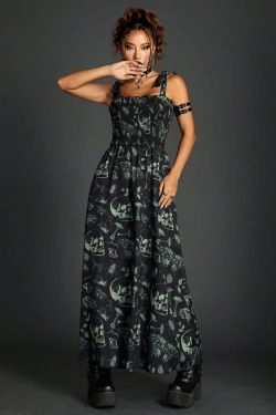 Vintage Gothic Skull Shirred Maxi Dress - Y2K Grunge, 90s Fashion, Retro Summer Outfit