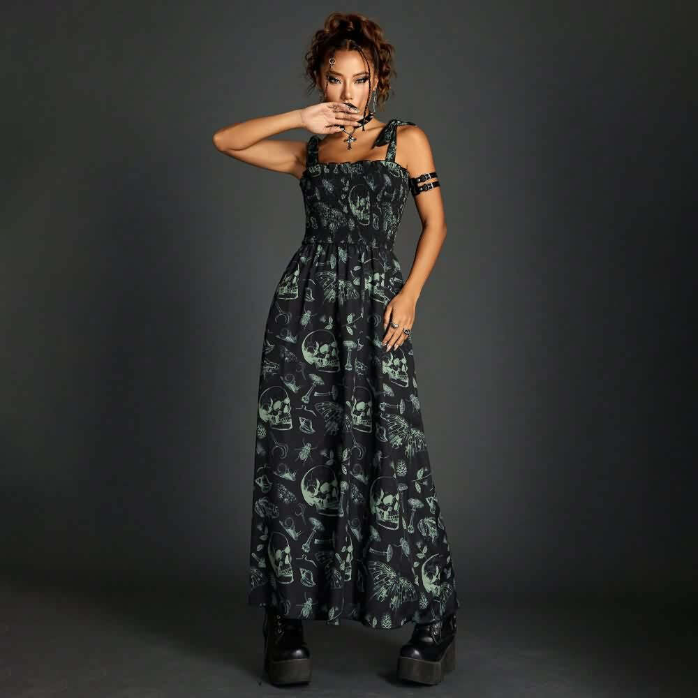 Vintage Gothic Skull Shirred Maxi Dress - Y2K Grunge, 90s Fashion, Retro Summer Outfit