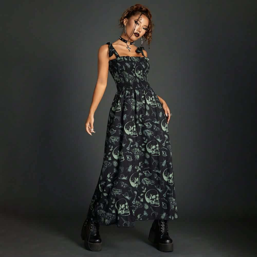 Vintage Gothic Skull Shirred Maxi Dress - Y2K Grunge, 90s Fashion, Retro Summer Outfit