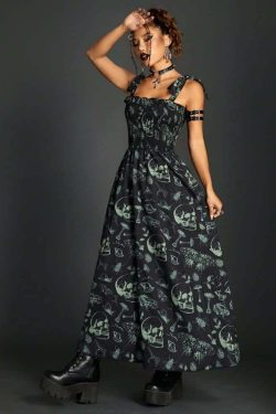 Vintage Gothic Skull Shirred Maxi Dress - Y2K Grunge, 90s Fashion, Retro Summer Outfit