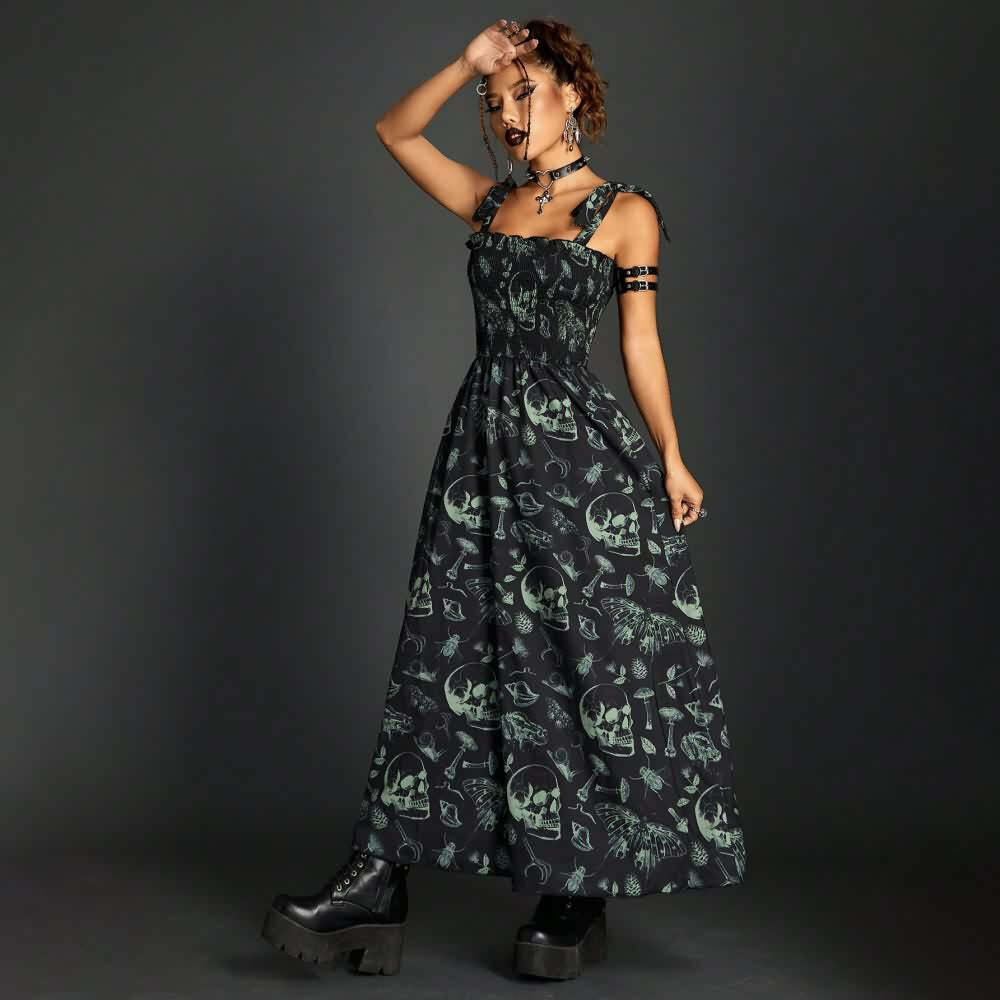 Vintage Gothic Skull Shirred Maxi Dress - Y2K Grunge, 90s Fashion, Retro Summer Outfit