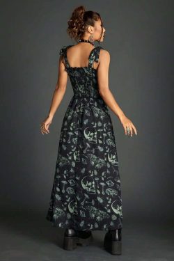 Vintage Gothic Skull Shirred Maxi Dress - Y2K Grunge, 90s Fashion, Retro Summer Outfit