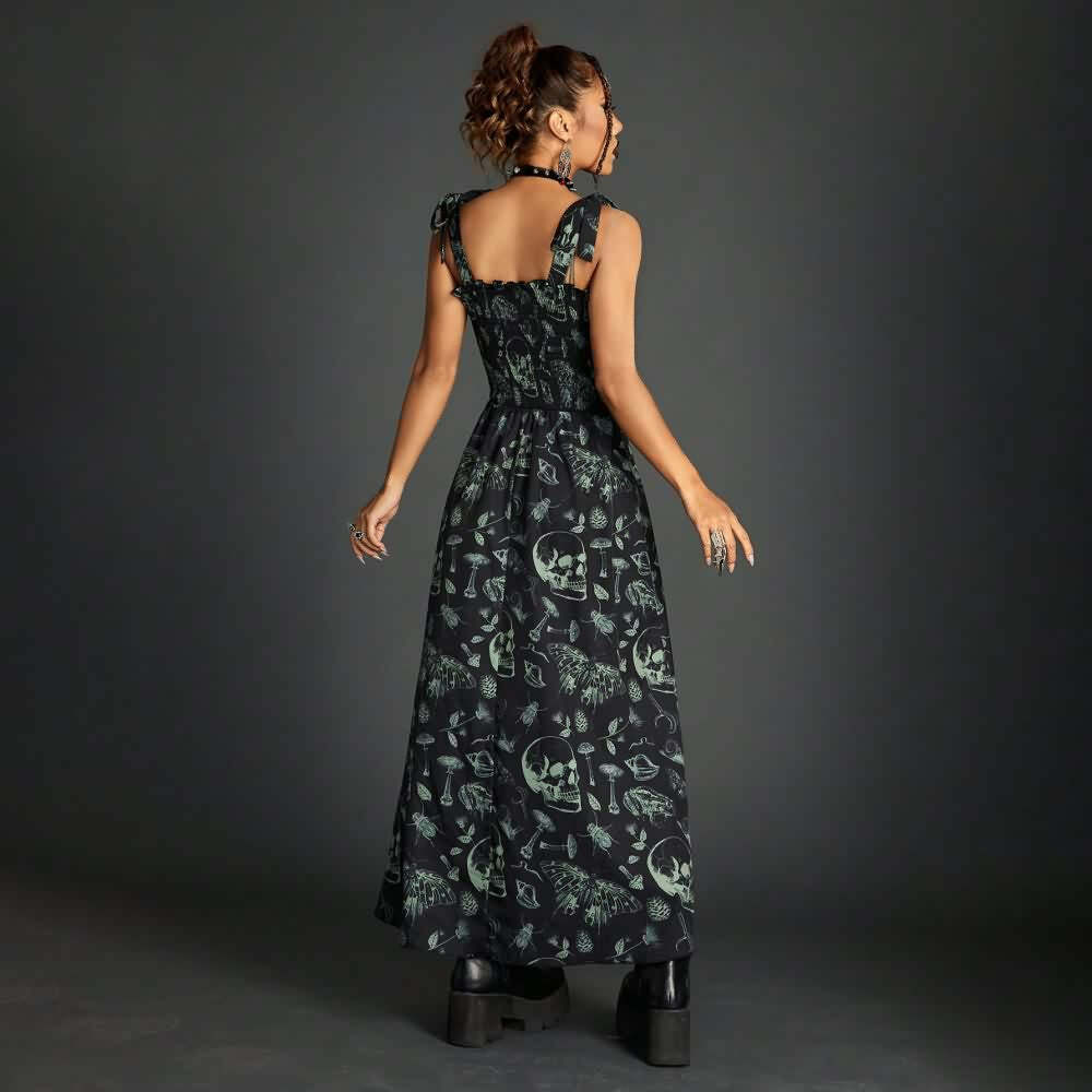 Vintage Gothic Skull Shirred Maxi Dress - Y2K Grunge, 90s Fashion, Retro Summer Outfit