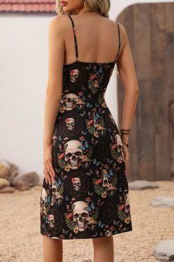 Vintage Gothic Skull Slit Short Dress - Y2K Grunge, 90s Fashion, Retro Summer Outfit
