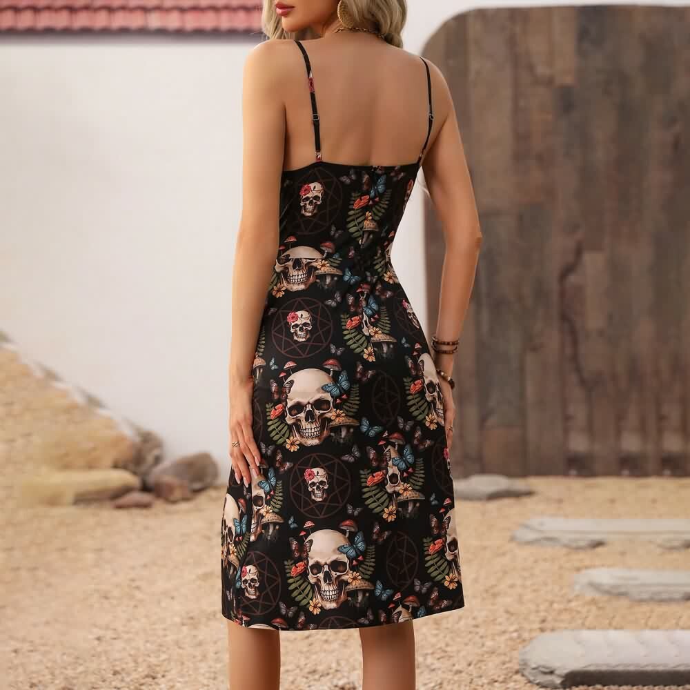 Vintage Gothic Skull Slit Short Dress - Y2K Grunge, 90s Fashion, Retro Summer Outfit