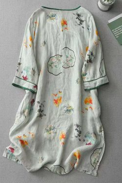 Vintage Green O Neck Print Cotton Dress - Y2K Summer, 90s Grunge, Retro Style, Pastel Goth
