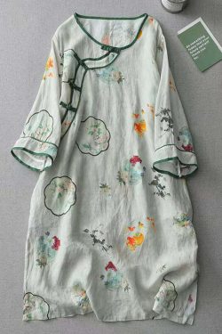 Vintage Green O Neck Print Cotton Dress - Y2K Summer, 90s Grunge, Retro Style, Pastel Goth