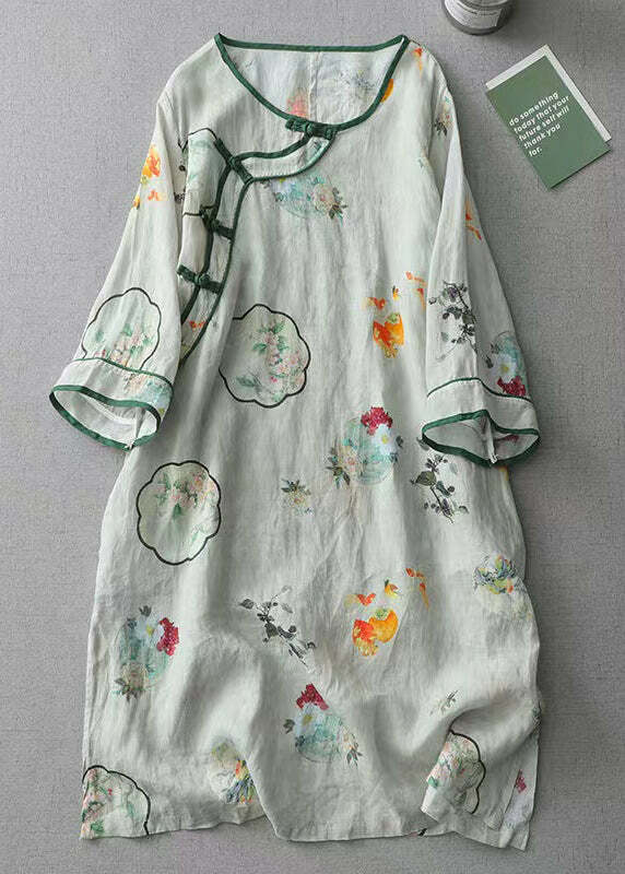 Vintage Green O Neck Print Cotton Dress - Y2K Summer, 90s Grunge, Retro Style, Pastel Goth