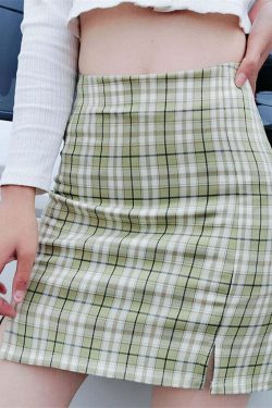Vintage Green Plaid Side Split Mini Skirt - Y2K Summer, 90s Grunge, Retro Fashion