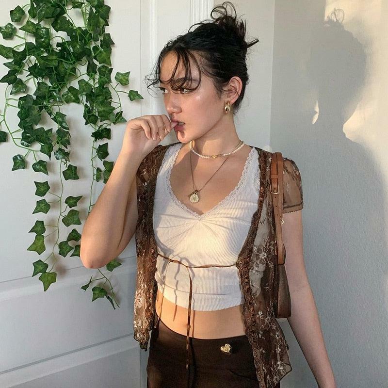 Vintage Lace Crop Top - Y2K Summer, 90s Grunge, Retro Party, Pastel Goth, Y2K Popstar Outfit