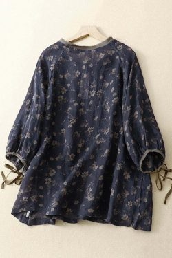Vintage Navy O Neck Lace Up Print Linen Top - Y2K Summer, 90s Grunge, Retro Fashion