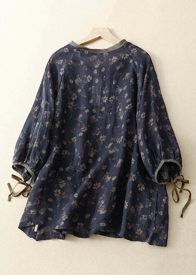 Vintage Navy O Neck Lace Up Print Linen Top - Y2K Summer, 90s Grunge, Retro Fashion