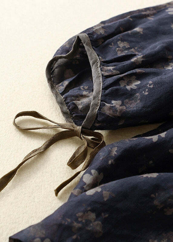 Vintage Navy O Neck Lace Up Print Linen Top - Y2K Summer, 90s Grunge, Retro Fashion