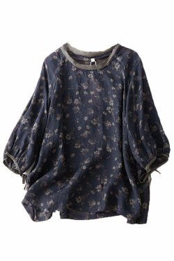 Vintage Navy O Neck Lace Up Print Linen Top - Y2K Summer, 90s Grunge, Retro Fashion