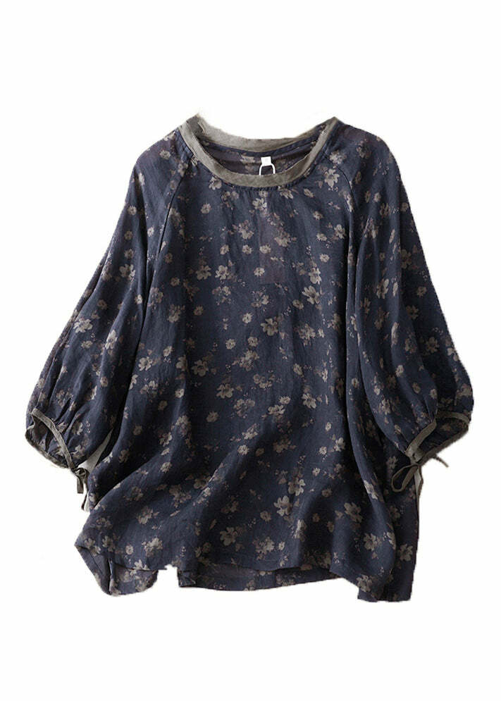 Vintage Navy O Neck Lace Up Print Linen Top - Y2K Summer, 90s Grunge, Retro Fashion