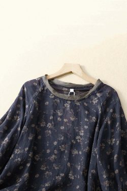 Vintage Navy O Neck Lace Up Print Linen Top - Y2K Summer, 90s Grunge, Retro Fashion