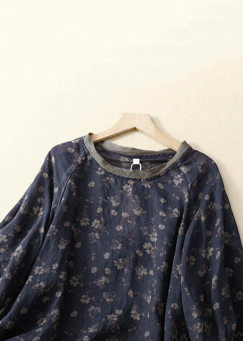 Vintage Navy O Neck Lace Up Print Linen Top - Y2K Summer, 90s Grunge, Retro Fashion