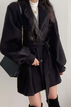 Vintage Notched Collar Belted Coat - Y2K Grunge, 90s Fashion, Retro Style, Y2K Party Outfit