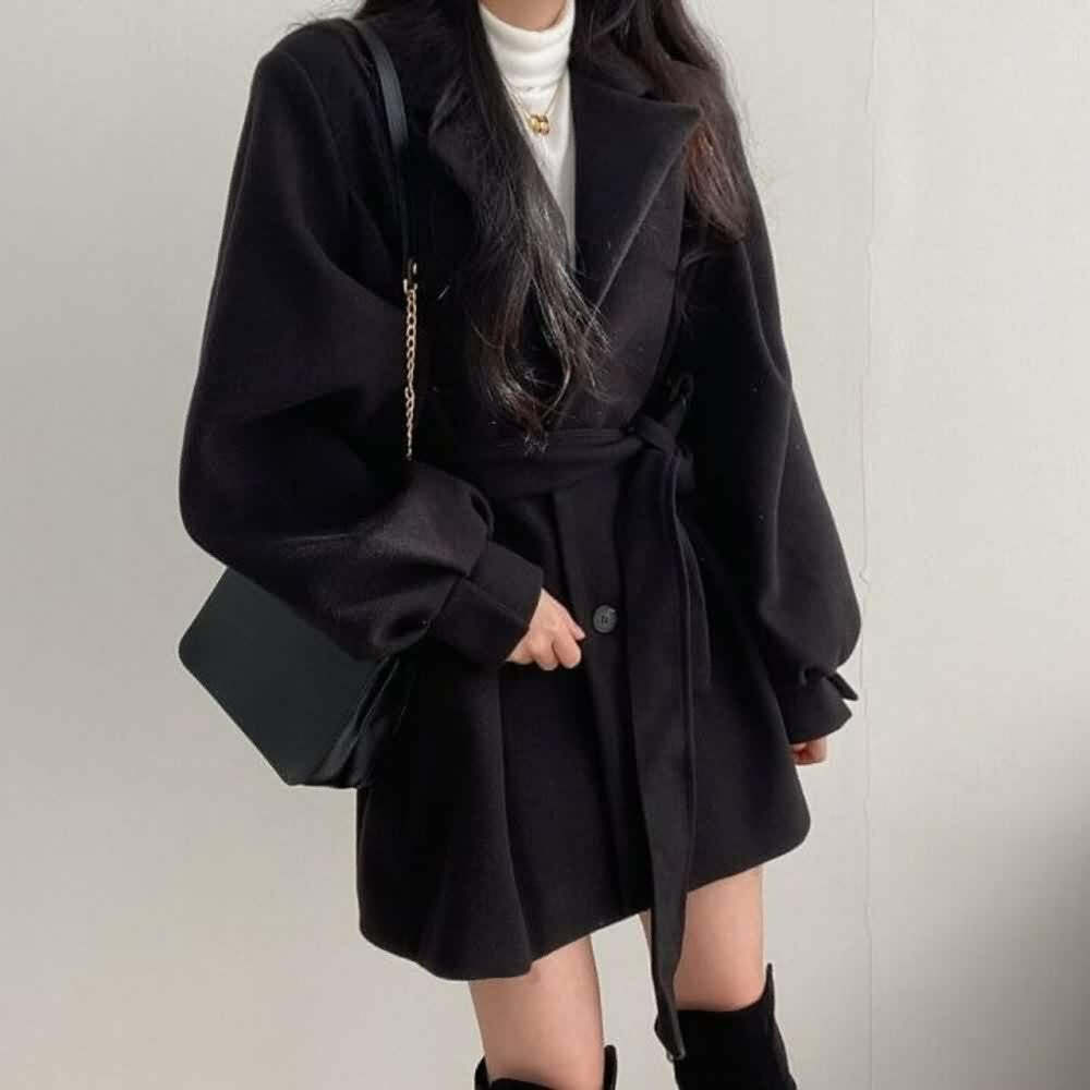 Vintage Notched Collar Belted Coat - Y2K Grunge, 90s Fashion, Retro Style, Y2K Party Outfit
