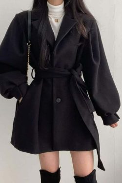 Vintage Notched Collar Belted Coat - Y2K Grunge, 90s Fashion, Retro Style, Y2K Party Outfit