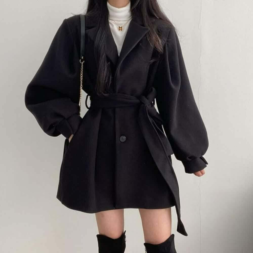 Vintage Notched Collar Belted Coat - Y2K Grunge, 90s Fashion, Retro Style, Y2K Party Outfit