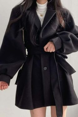 Vintage Notched Collar Belted Coat - Y2K Grunge, 90s Fashion, Retro Style, Y2K Party Outfit