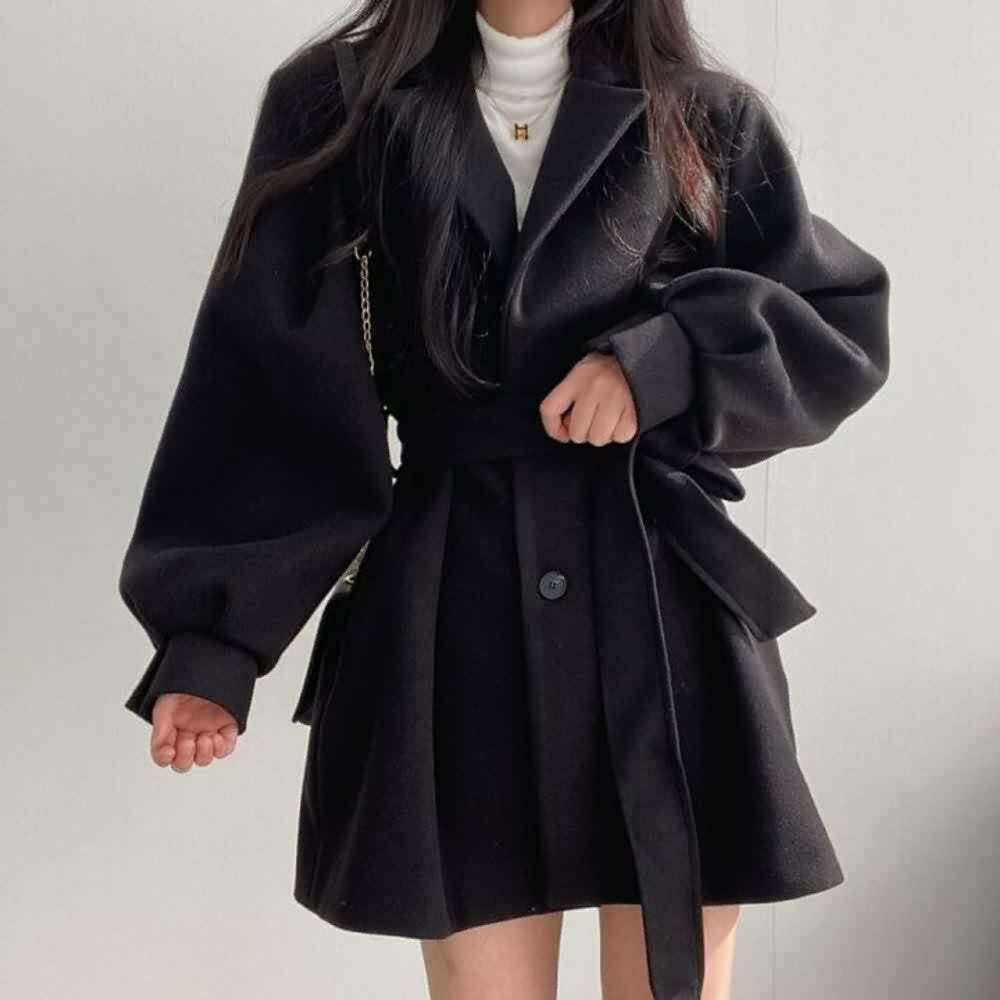 Vintage Notched Collar Belted Coat - Y2K Grunge, 90s Fashion, Retro Style, Y2K Party Outfit