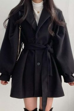Vintage Notched Collar Belted Coat - Y2K Grunge, 90s Fashion, Retro Style, Y2K Party Outfit