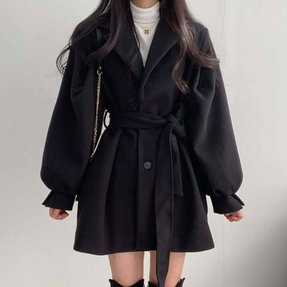 Vintage Notched Collar Belted Coat - Y2K Grunge, 90s Fashion, Retro Style, Y2K Party Outfit