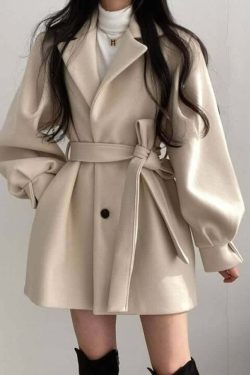 Vintage Notched Collar Belted Coat - Y2K Grunge, 90s Fashion, Retro Style, Y2K Party Outfit