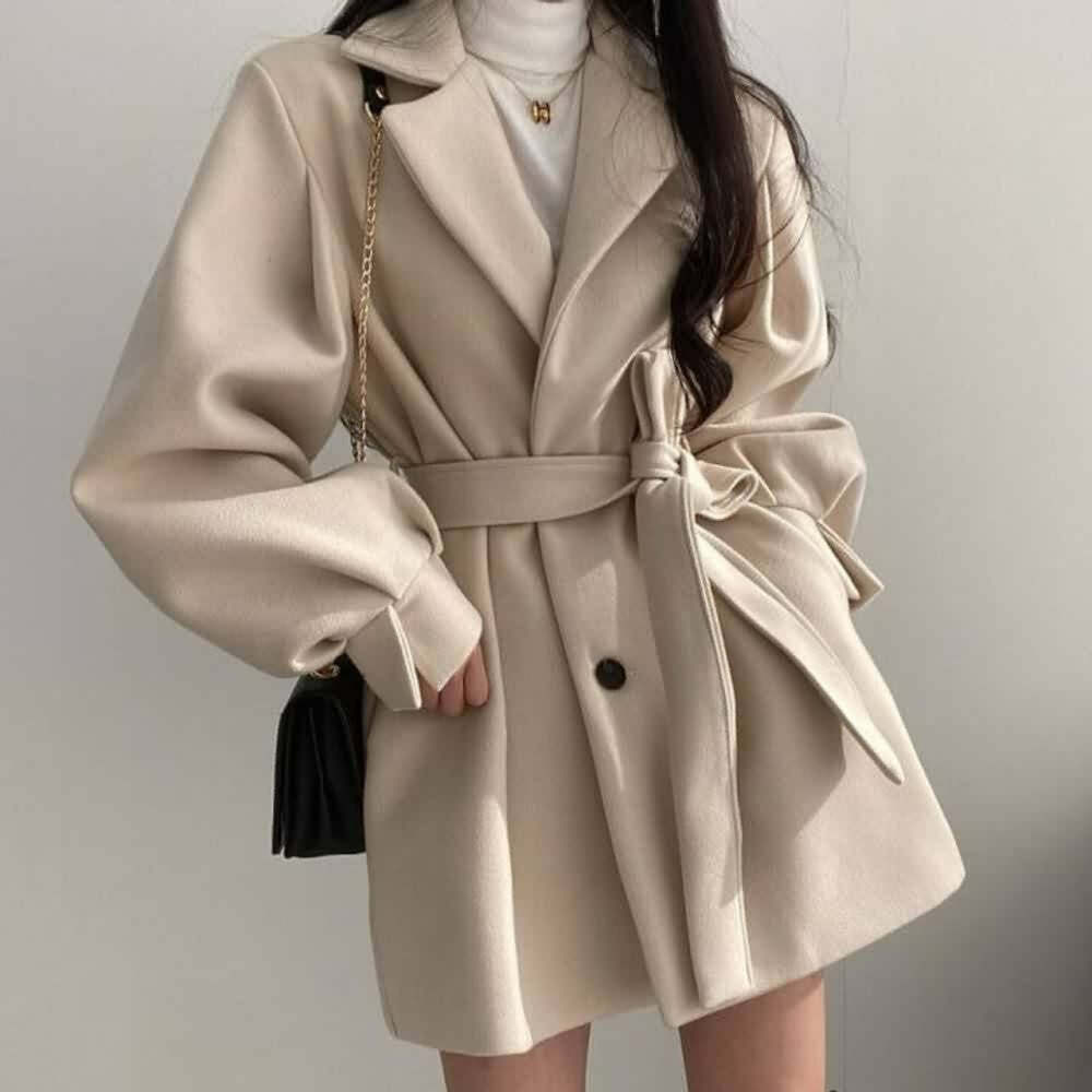 Vintage Notched Collar Belted Coat - Y2K Grunge, 90s Fashion, Retro Style, Y2K Party Outfit