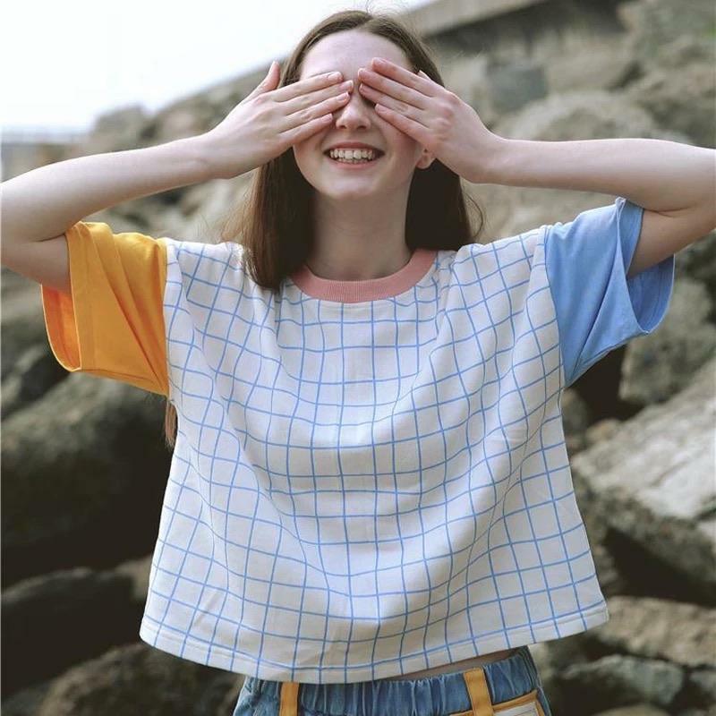 Vintage Plaid Cropped T-Shirt - Y2K Summer Grunge, 90s Retro, Y2K Party & Club Outfits