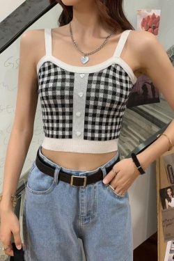 Vintage Plaid Knit Crop Top - Y2K Summer, 90s Fashion, Grunge, Retro, Pastel Goth, Y2K Club