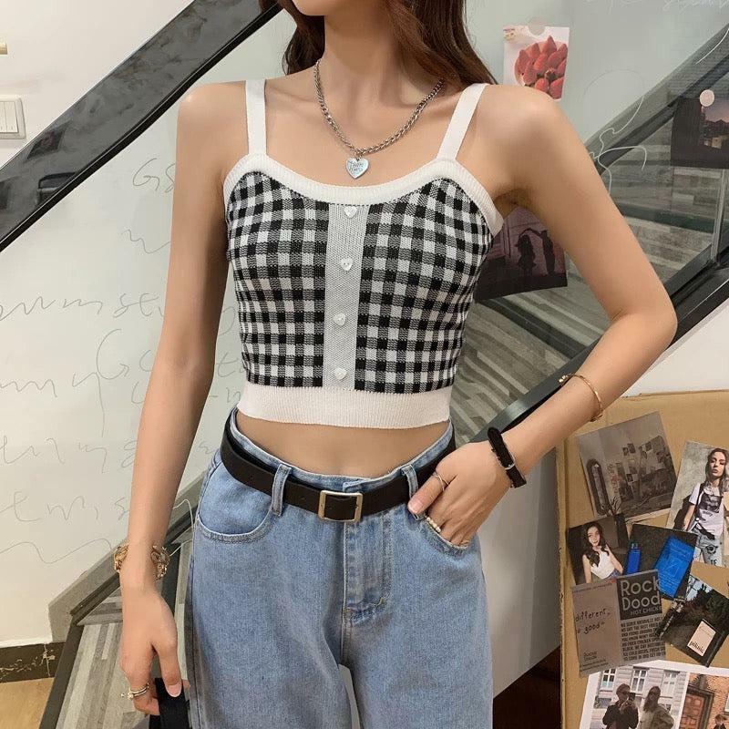 Vintage Plaid Knit Crop Top - Y2K Summer, 90s Fashion, Grunge, Retro, Pastel Goth, Y2K Club