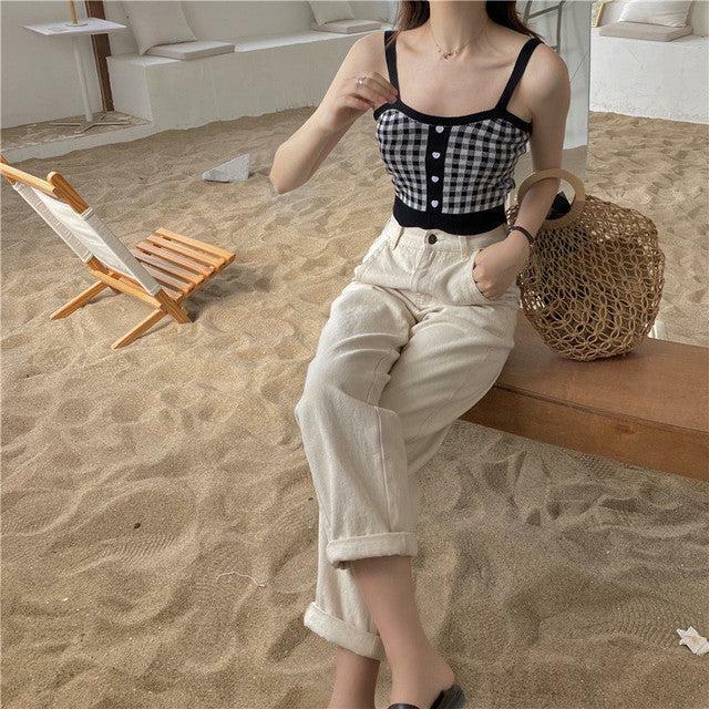 Vintage Plaid Knit Crop Top - Y2K Summer, 90s Fashion, Grunge, Retro, Pastel Goth, Y2K Club