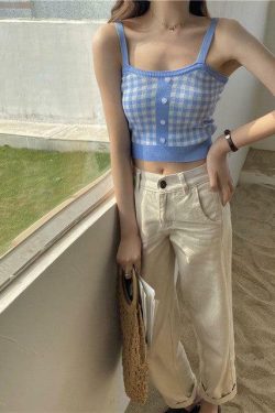 Vintage Plaid Knit Crop Top - Y2K Summer, 90s Fashion, Grunge, Retro, Pastel Goth, Y2K Club