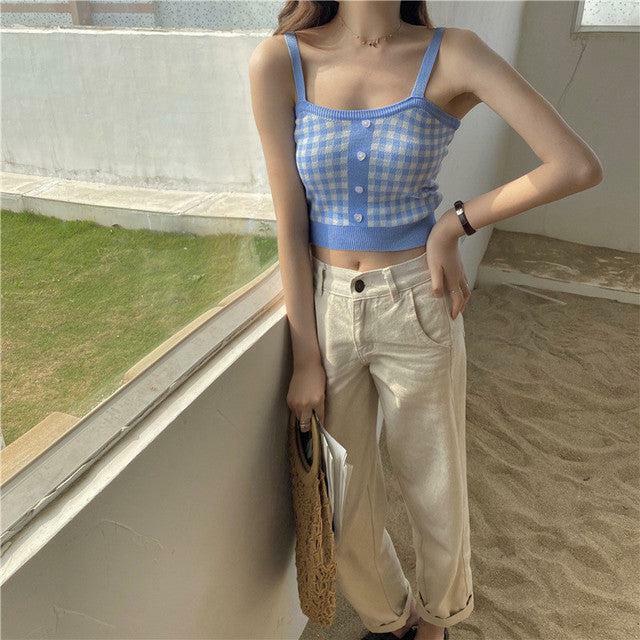 Vintage Plaid Knit Crop Top - Y2K Summer, 90s Fashion, Grunge, Retro, Pastel Goth, Y2K Club