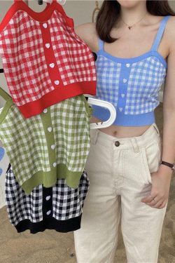Vintage Plaid Knit Crop Top - Y2K Summer, 90s Fashion, Grunge, Retro, Pastel Goth, Y2K Club