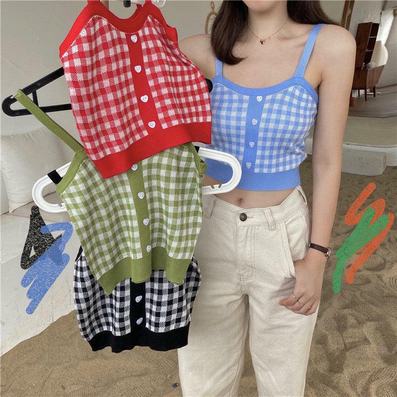 Vintage Plaid Knit Crop Top - Y2K Summer, 90s Fashion, Grunge, Retro, Pastel Goth, Y2K Club