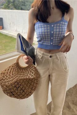 Vintage Plaid Knit Crop Top - Y2K Summer, 90s Fashion, Grunge, Retro, Pastel Goth, Y2K Club