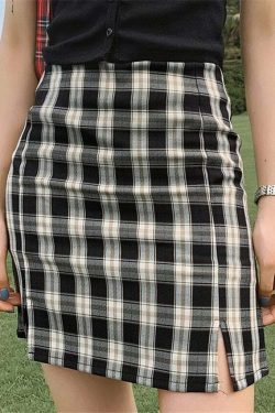 Vintage Plaid Side Split Mini Skirt Black - Y2K Summer Grunge 90s Fashion Retro Outfit